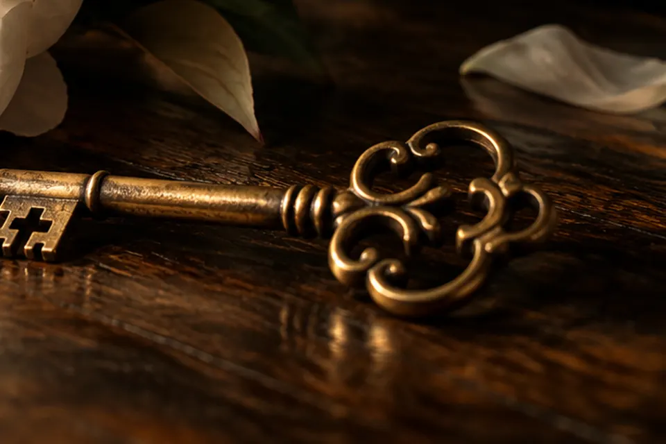 A cream peony and an antique key on a dark wooden table
