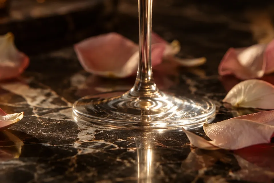 Gilt mirror with candles and peonies on a dark marble console
