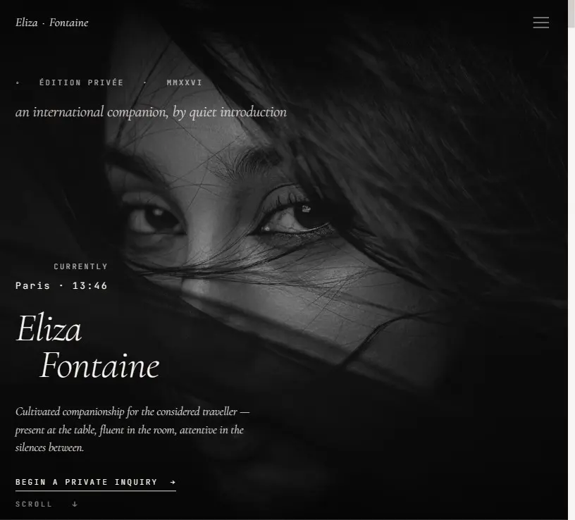 Homepage of the escort website designed for Eliza Fontaine