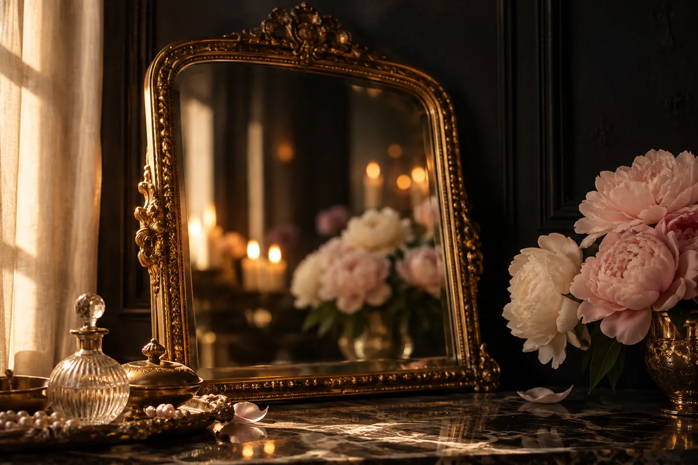 A gilded antique mirror reflecting peonies and candlelight on a dark dresser