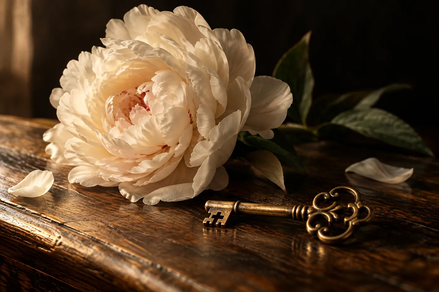An antique brass key beside a white peony on dark wood