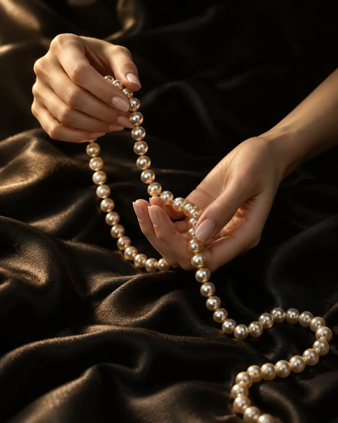 Hands holding a string of pearls over dark silk