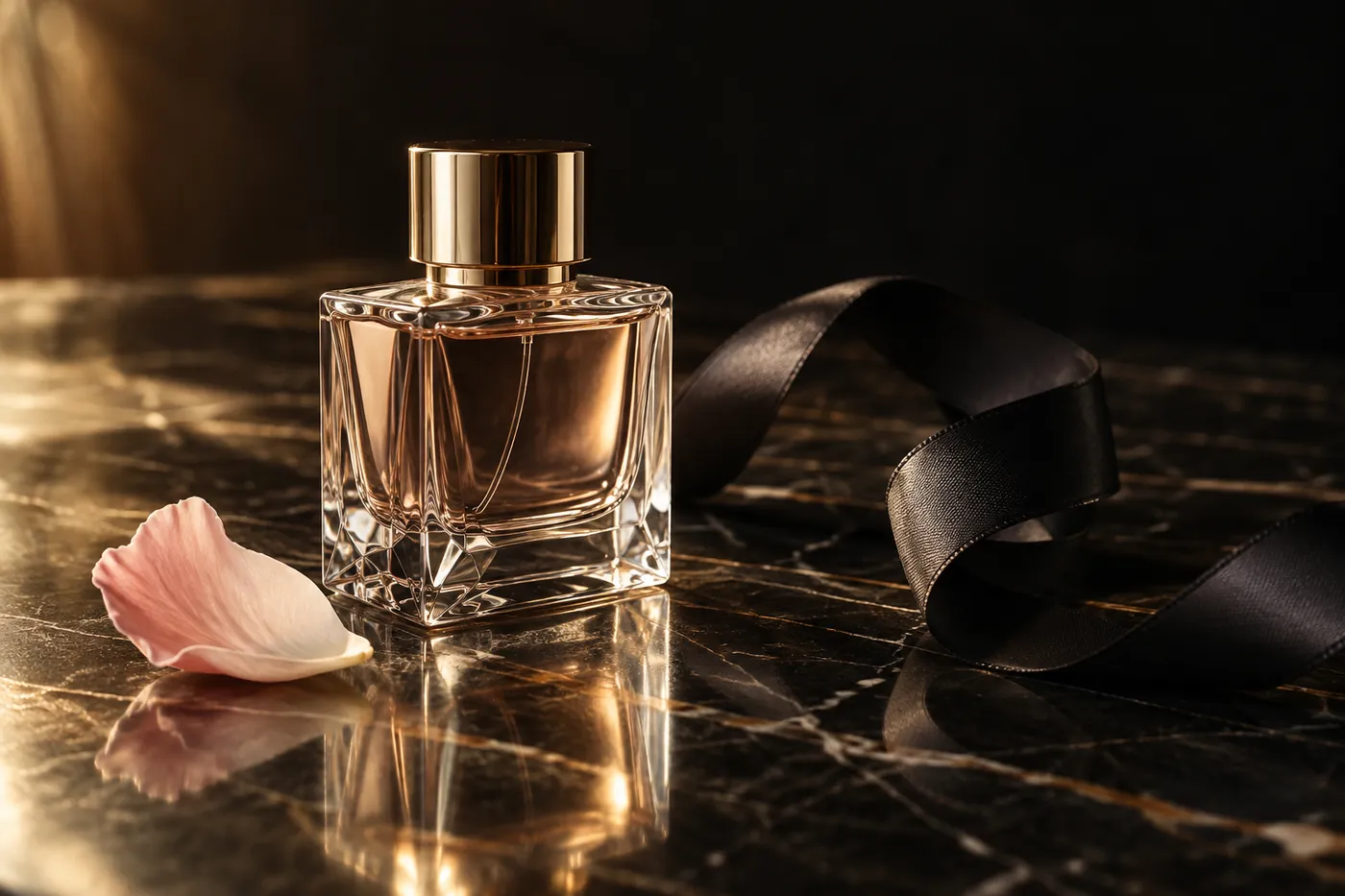 A crystal perfume bottle with a black silk ribbon and a rose petal on dark marble